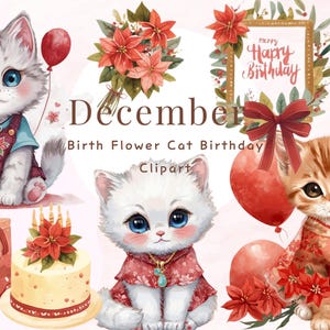 December Birth Flower abd Birthstone Cat Clipart, Poinsettia and Turquoise Birthday PNG