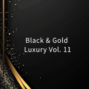 以下が含まれることがあります： 「Black & Gold Luxury Vol. 11」と「WabiSabi Degi Design」のテキストが入った、黒と金のデジタルデザイン。背景は黒で、金色のアクセントとキラキラが施されています。