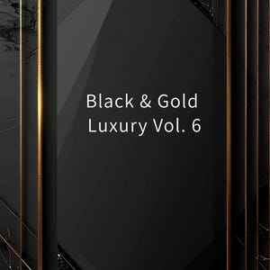 Pode incluir: Design abstrato em preto e dourado com formas geométricas e detalhes dourados. A imagem apresenta o texto "Black & Gold Luxury Vol. 6" e o nome do estúdio de design "WabiSabi Degi Design".