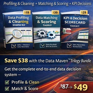 Puede incluir: Anuncio del Data Maven Trilogy Bundle, que incluye tres kits de herramientas: Data Profiling & Cleaning, Data Matching & Scoring y KPI & Decision Scorecard. El paquete promete un ahorro de 38 €.
