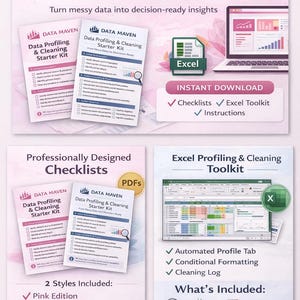 Op de afbeelding: Data Maven Data Profiling & Cleaning Starter Kit. De afbeelding toont een roze en wit ontwerp met de tekst "Data Profiling & Cleaning Starter Kit". Inclusief checklists, Excel toolkit en instructies. Professioneel ontworpen checklists en Excel toolkit.