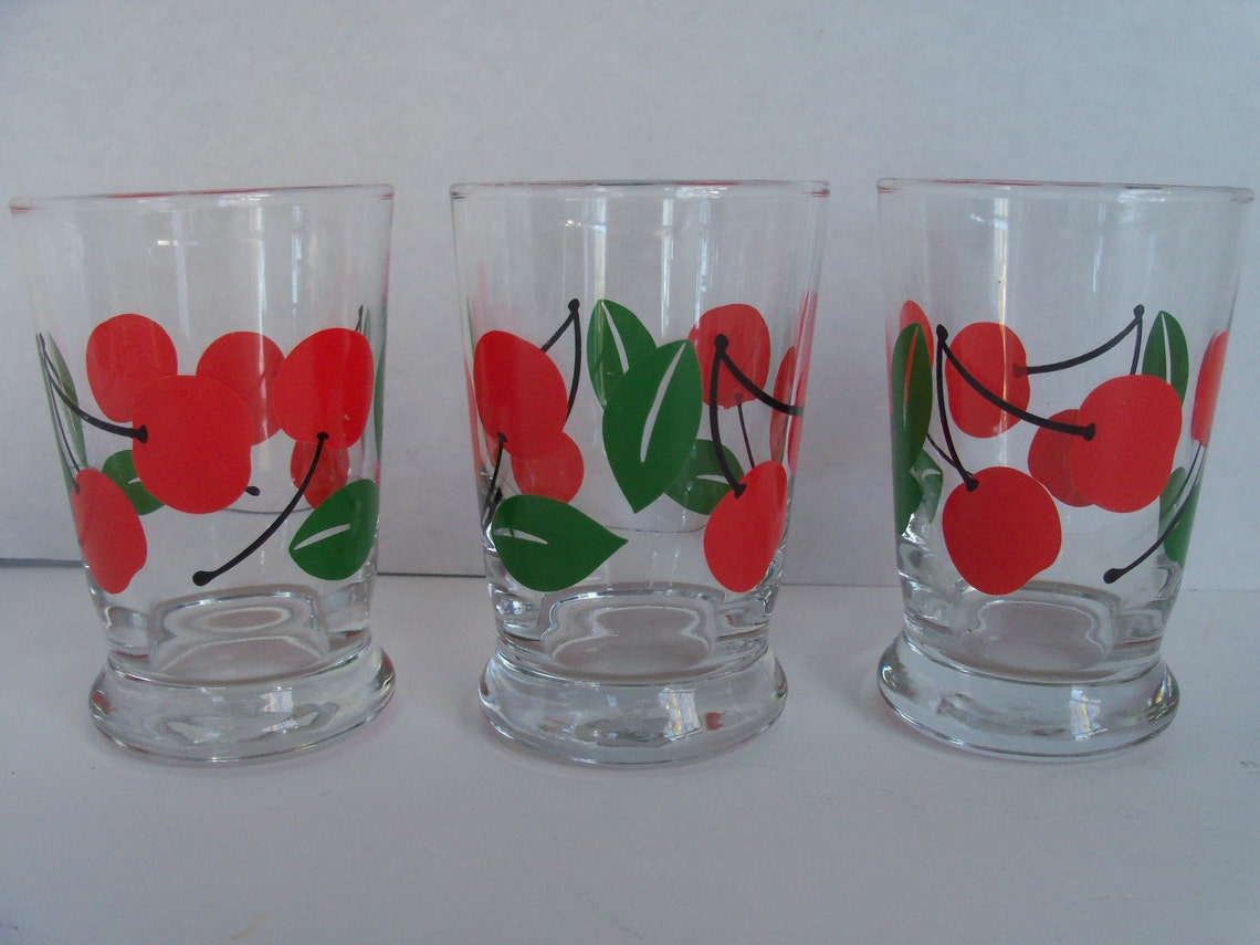 Juice Glasses Cherry Pattern Drinking Glasses Etsy