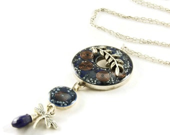 Orgone Energy Toggle Charm Necklace - Blue w/Lapis Lazuli - Antique Silver - Long Necklace - Artisan Jewelry