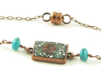 Orgone Energy Petite Stacking Bracelet in Antique Copper Rectangle with Turquoise Gemstone - Delicate Bracelet - Orgone Energy Jewelry