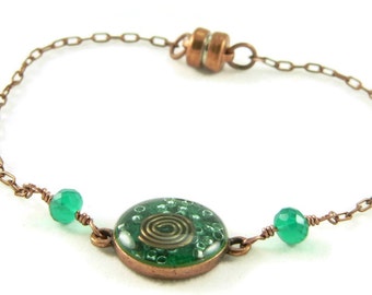 Orgone Energy Petite Stacking Bracelet in Antique Copper Circle with Malachite Gemstone - Delicate Bracelet - Orgone Energy Jewelry