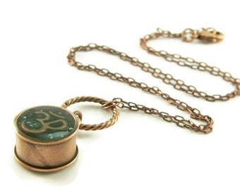 Orgone Energy Small Reversible Pendant Necklace in Antique Copper Finish with Malachite and Om Symbol - Orgone Jewelry - Artisan Jewelry