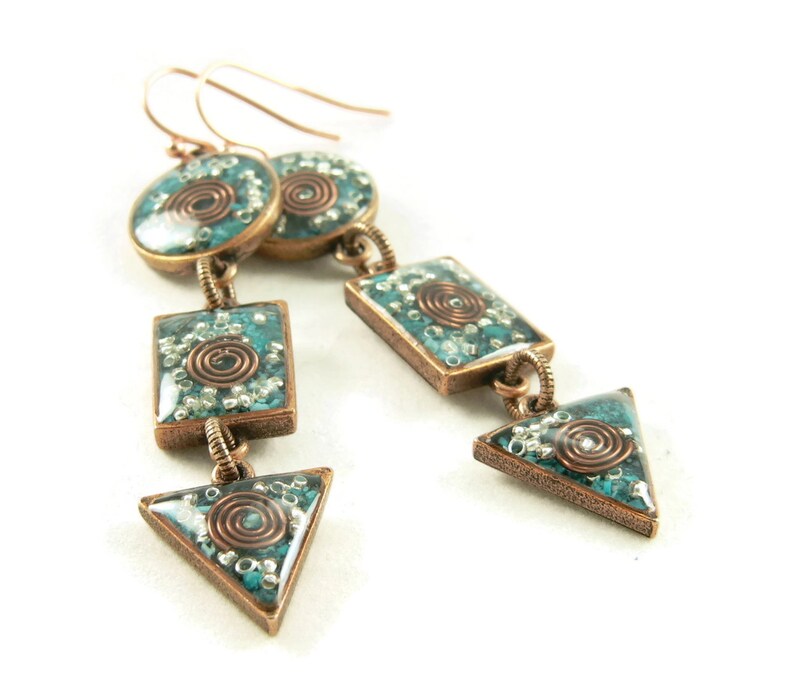 Orgone Energy Long Dangle Earrings Orgone Energy Jewelry Geometric Shapes in Antique Copper with Turquoise Gemstone Artisan Jewelry