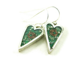 Orgone Energy Earrings - Small Primitive Heart Dangle Earrings in Antique Silver with Malachite - Artisan Jewelry - Orgone Jewelry