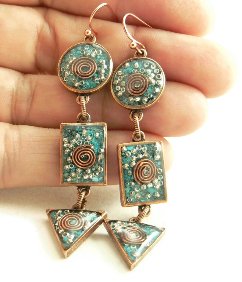 Orgone Energy Long Dangle Earrings Orgone Energy Jewelry Geometric Shapes in Antique Copper with Turquoise Gemstone Artisan Jewelry