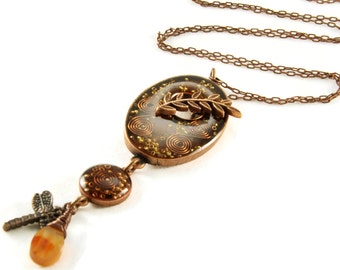 Orgone Energy Oval Toggle Charm Necklace - Carnelian Gemstone - Antique Copper - Long Necklace - Artisan Jewelry