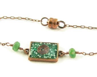 Orgone Energy Petite Stacking Bracelet in Antique Copper Rectangle with Malachite Gemstone - Delicate Bracelet - Orgone Energy Jewelry