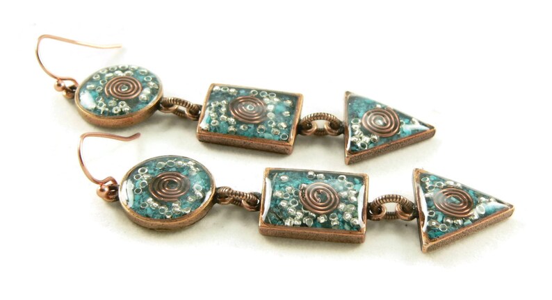 Orgone Energy Long Dangle Earrings Orgone Energy Jewelry Geometric Shapes in Antique Copper with Turquoise Gemstone Artisan Jewelry