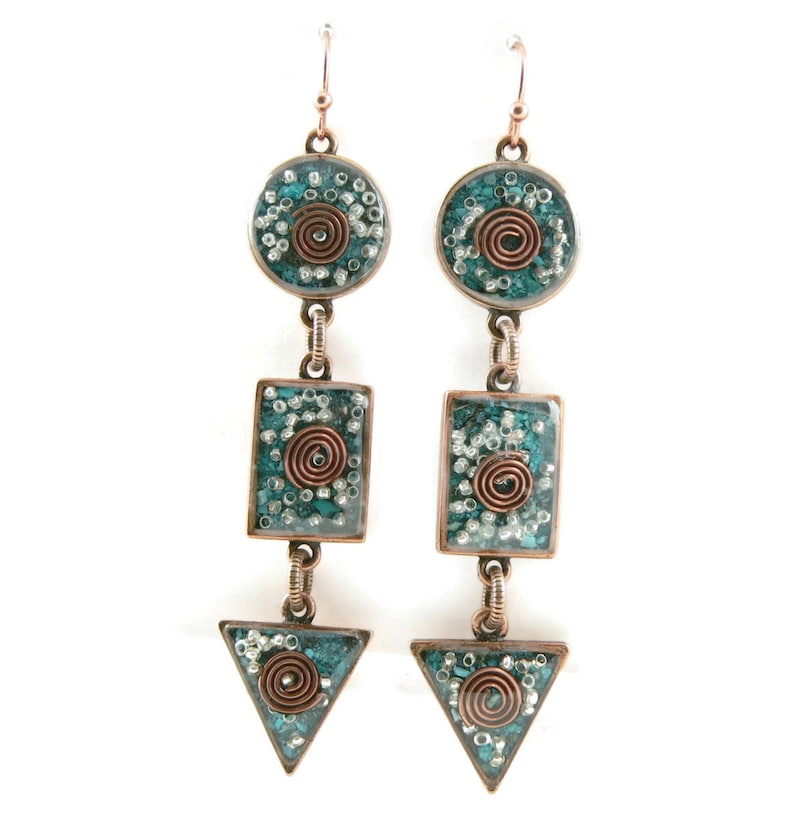 Orgone Energy Long Dangle Earrings Orgone Energy Jewelry Geometric Shapes in Antique Copper with Turquoise Gemstone Artisan Jewelry