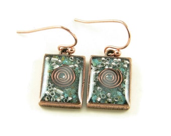 Orgone Energy Earrings - Turquoise Gemstone Small Dangle Earrings in Copper Rectangles - Artisan Jewelry