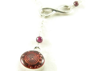 Orgone Energy Infinity Lariat Necklace in Antique Silver Finish with Garnet Gemstone - Orgone Energy Necklace - Dainty Necklace