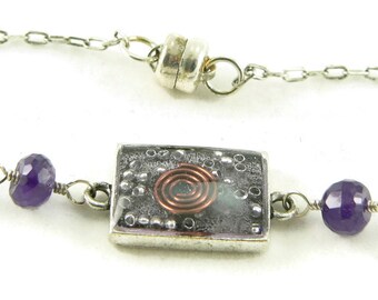 Orgone Energy Petite Stacking Bracelet in Antique Silver Rectangle with Amethyst Gemstone - Delicate Bracelet - Orgone Energy Jewelry