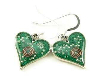 Orgone Energy Earrings - Simple Heart Dangles - Malachite Gemstone - Positive Energy Generator - Artisan Jewelry