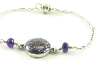 Orgone Energy Petite Stacking Bracelet in Antique Silver with Amethyst Gemstone - Delicate Bracelet - Orgone Energy Jewelry -Artisan Jewelry