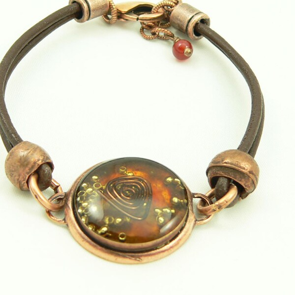 Pulsera de Energía de Orgón - Pulsera de Amistad de Cuero - Piedra Preciosa de Cobre y Cornalina - Regalo de Celebridades - Joyería Artesanal