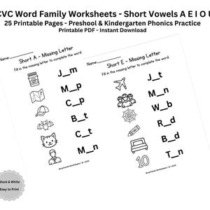 CVC Word Family Worksheets | Short Vowels A E I O U | Kindergarten ...