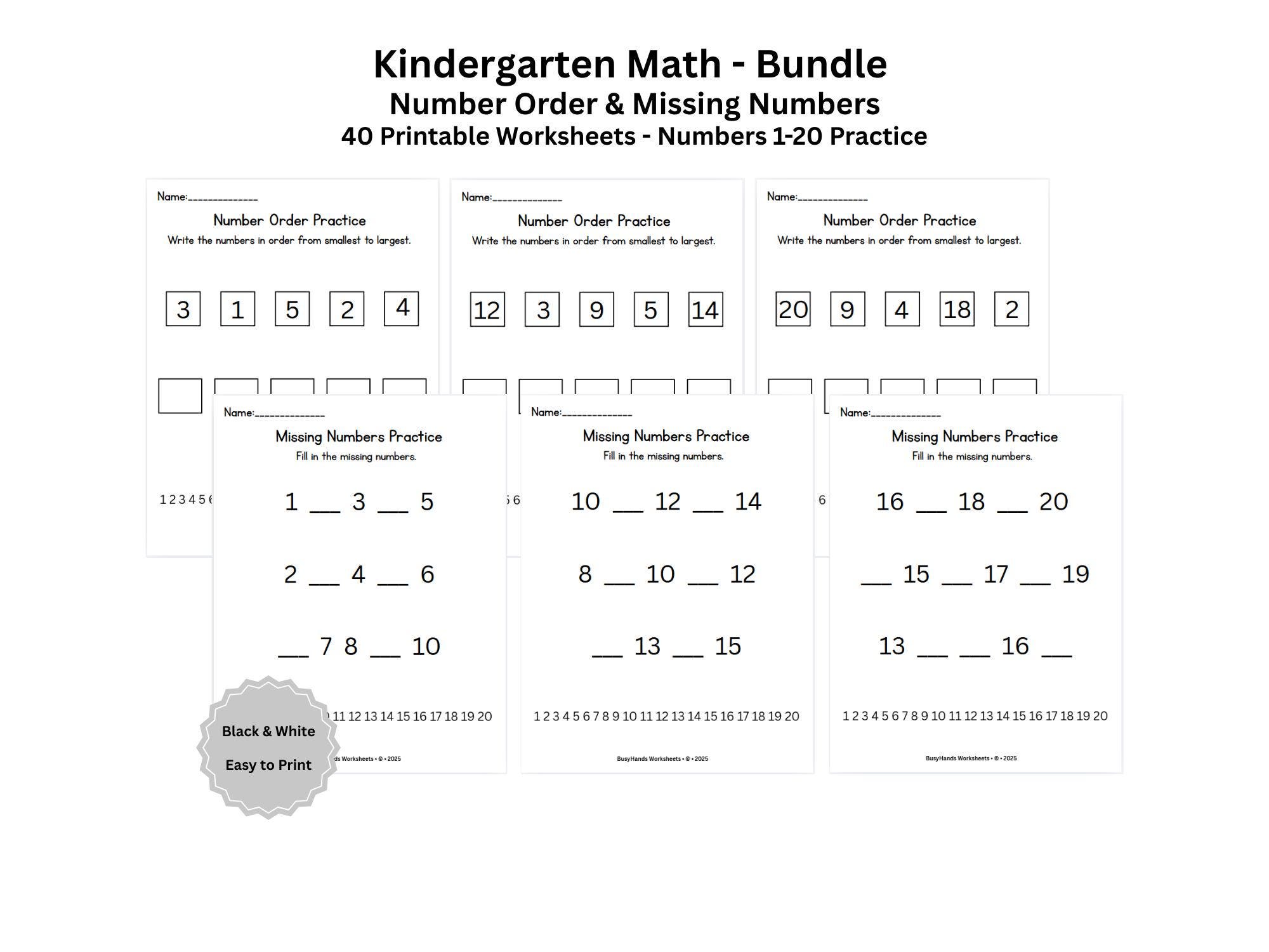 Kindergarten Math Worksheets Bundle | Number Order & Missing Numbers ...
