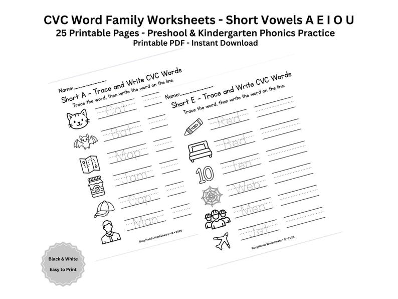 CVC Word Family Worksheets | Short Vowels A E I O U | Kindergarten ...