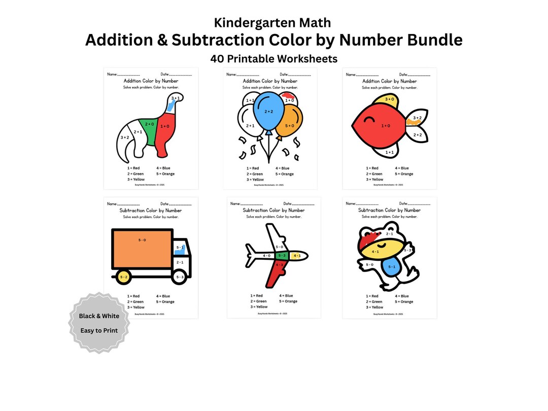 Addition and Subtraction Color by Number Worksheets | Kindergarten Math ...