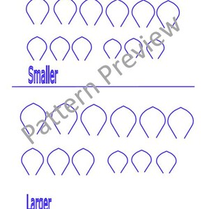 May include: A white background features a pattern of blue petal-shaped outlines, arranged in rows. The word "Smaller" is above a horizontal line, and the word "Larger" is below. The image is a pattern preview.