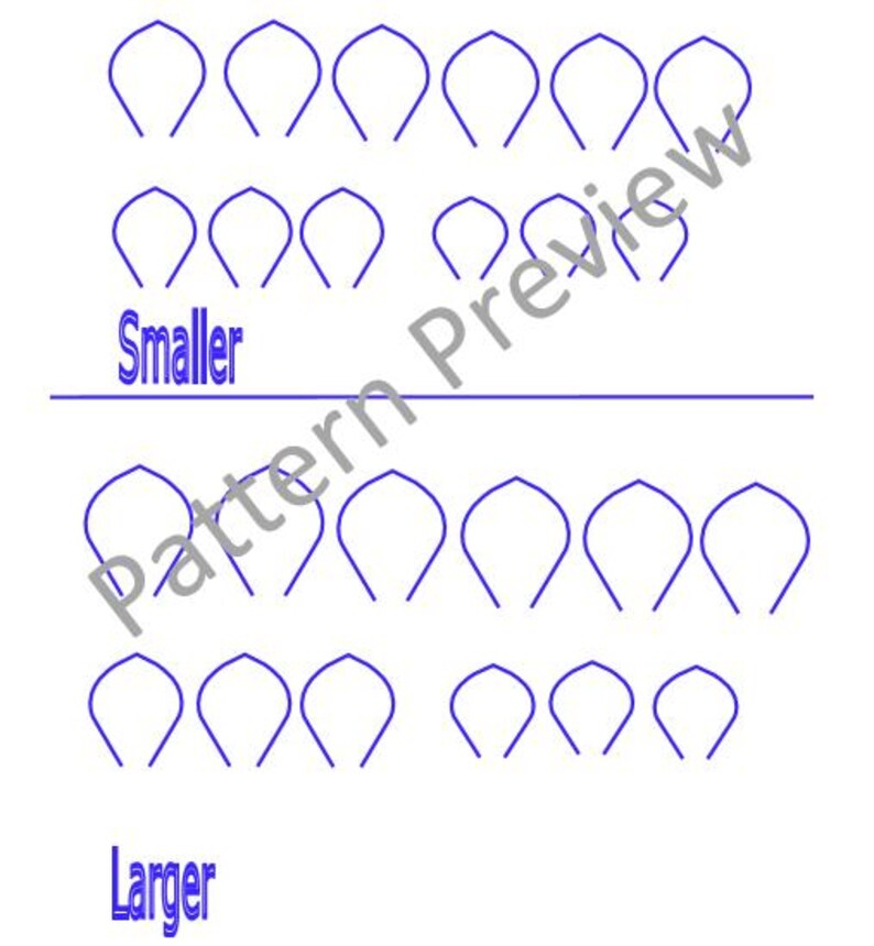 May include: A white background features a pattern of blue petal-shaped outlines, arranged in rows. The word "Smaller" is above a horizontal line, and the word "Larger" is below. The image is a pattern preview.