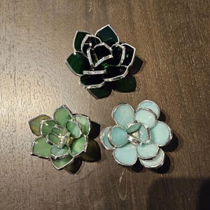 May include: Three stained glass succulent flower ornaments in shades of green and blue. Each has a silver-colored metal border. The succulents are arranged on a dark wood surface.