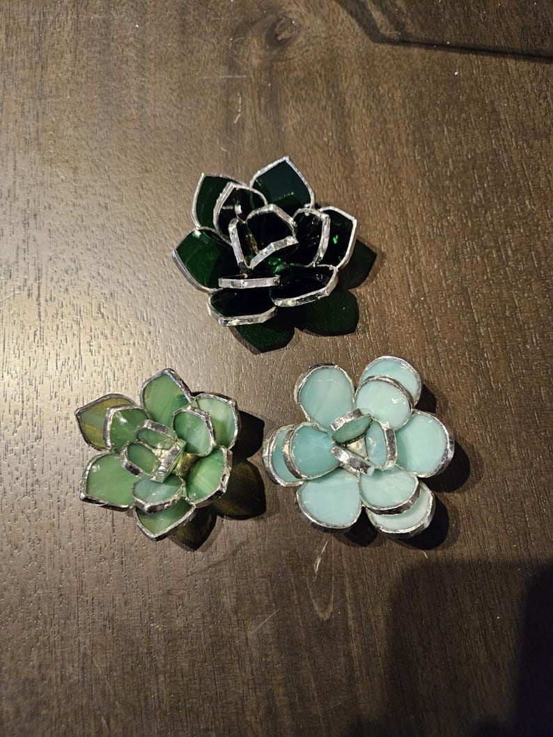 May include: Three stained glass succulent flower ornaments in shades of green and blue. Each has a silver-colored metal border. The succulents are arranged on a dark wood surface.