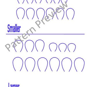 May include: A white background features blue outline shapes in varying sizes, arranged in rows. The word "Smaller" is above a horizontal line, and "Larger" is below. The image is a pattern preview.