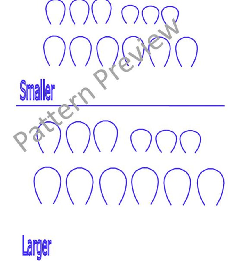 May include: A white background features blue outline shapes in varying sizes, arranged in rows. The word "Smaller" is above a horizontal line, and "Larger" is below. The image is a pattern preview.