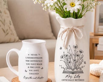 Personalized Retirement Ceramic Flower Vase, Custom Name Teacher Gift Vase, Teacher Retirement Gift,Pre-K Class Gift End of School Year Gift