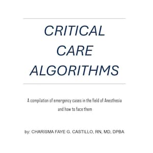 May include: A white book cover with the title "CRITICAL CARE ALGORITHMS" in navy blue. The text below reads "A compilation of emergency cases in the field of Anesthesia and how to face them". The author's name is also listed.