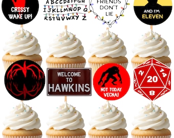 Decorazioni per cupcake a tema Stranger, decorazioni a tema Stranger, decorazioni per feste di compleanno a tema fantascientifico anni '80 (file PDF digitale)