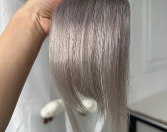 Silver Gray Clip-in Bangs Real Human Hair, Wispy Fringe Extensions with Temples for Women