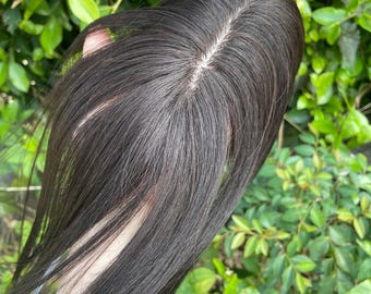 Topper de base de seda central negro de 4,5 x 13 cm, 25 cm de largo, cabello humano virgen