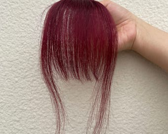 バーガンディ色のクリップ式前髪、本物の人毛、女性用テンプル付きふわふわフリンジエクステ