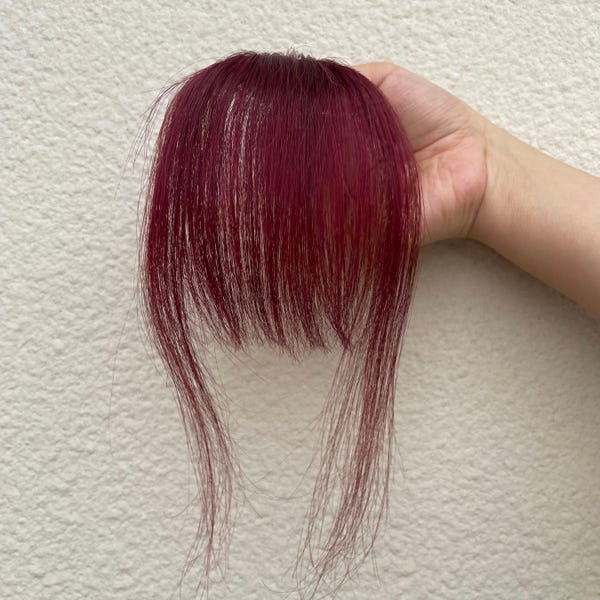 Burgundy Clip-in Bangs Real Human Hair, Wispy Fringe Extensions with Temples for Women
