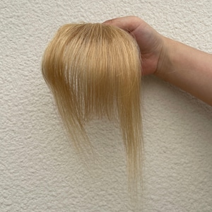 Puede incluir: Una peluca rubia clara con mechones largos y rectos y una sección más corta y con flequillo. La peluca se sostiene en una mano sobre un fondo blanco texturizado. El cabello parece ser de un color rubio dorado cálido.