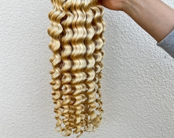 Extensiones de cabello humano de ganchillo de plumas, rubio 613, rizado profundo, 100 g