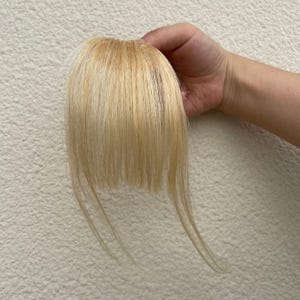 May include: A light blonde hairpiece with a fringe and long side pieces. The hairpiece is held in a hand against a neutral background. The hair appears to be straight and of a fine texture.