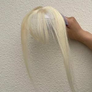 May include: A light blonde hairpiece with long, straight strands. The hairpiece is held up against a textured, off-white background. The hairpiece appears to be a fringe or bangs extension.