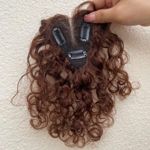 Puede incluir: Una pieza de cabello rizado marrón con tres clips negros sujetos a una base de malla marrón oscuro. La pieza de cabello está sujeta por una mano sobre un fondo blanco. El cabello es de un color marrón cálido y rico.