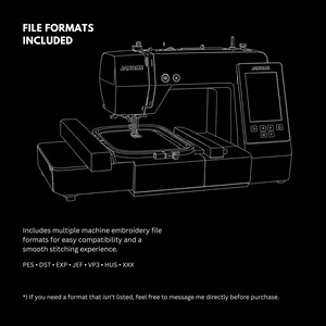 Pode incluir: Um desenho de linha branca de uma m&aacute;quina de bordar Janome em um fundo preto. O texto diz: FILE FORMATS INCLUDED. Includes multiple machine embroidery file formats for easy compatibility and a smooth stitching experience. PES, DST, EXP, JEF, VP3, HUS, XXX.