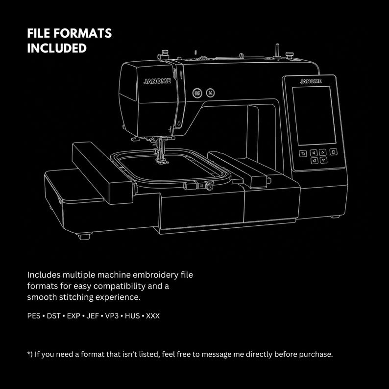 Pode incluir: Um desenho de linha branca de uma m&aacute;quina de bordar Janome em um fundo preto. O texto diz: FILE FORMATS INCLUDED. Includes multiple machine embroidery file formats for easy compatibility and a smooth stitching experience. PES, DST, EXP, JEF, VP3, HUS, XXX.