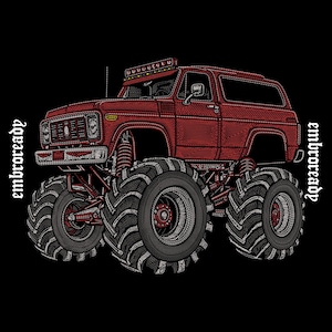 May include: A red monster truck illustration with large, knobby black tires and a lifted suspension system. The vehicle features a light bar on the roof and the text embroready written vertically on both the left and right sides in white.