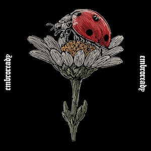 May include: A detailed illustration of a ladybug perched on a daisy. The ladybug is red with black spots, and the daisy has white petals and a yellow center. The background is black, with the word "embroready" in white on the left and right sides.