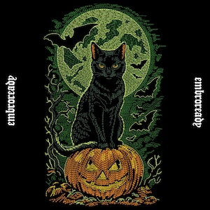 May include: An embroidered graphic on a black background featuring a black cat sitting on an orange jack-o'-lantern. The scene includes a large green moon, flying bats, and bare trees. The text "embroready" is printed on both sides of the design.